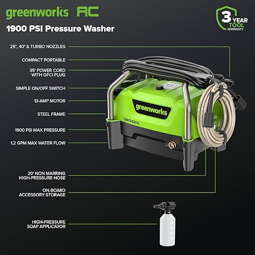 Greenworks 1900 PSI Electric Pressure Washer 1.2 GPM Lightweight Compact
