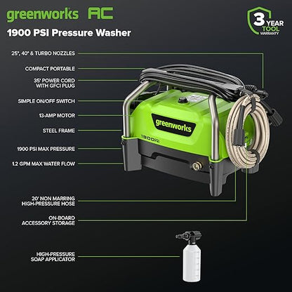Greenworks 1900 PSI Electric Pressure Washer 1.2 GPM Lightweight Compact
