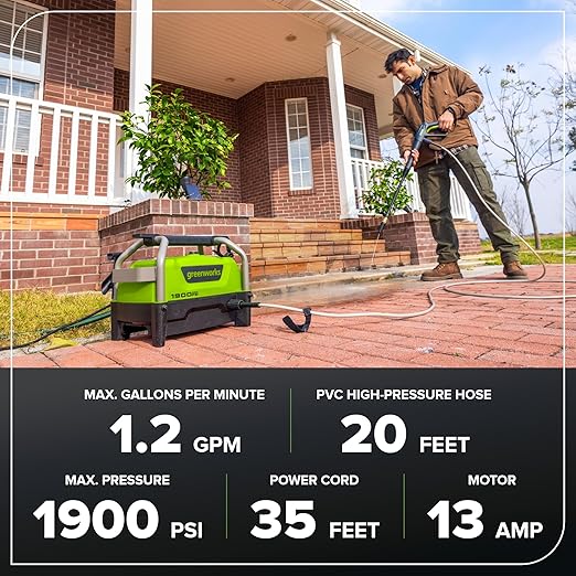 Greenworks 1900 PSI Electric Pressure Washer 1.2 GPM Lightweight Compact