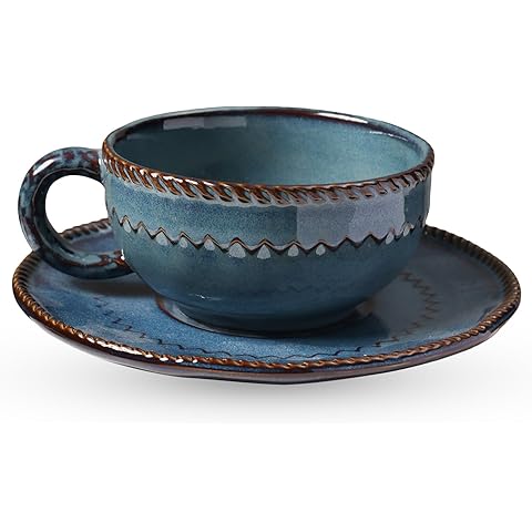 Ceramic Coffee Cup & Saucer Set – 10oz (Blue, Retro Style)