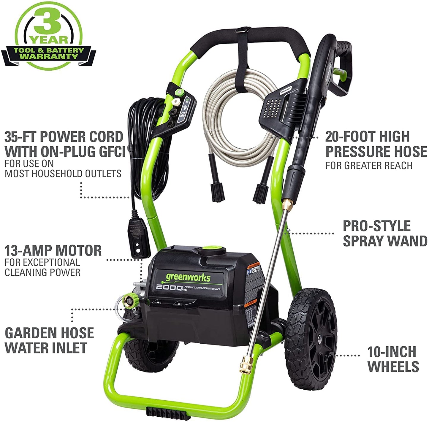 Greenworks 2000 PSI Electric Pressure Washer 1.1 GPM 13 Amp