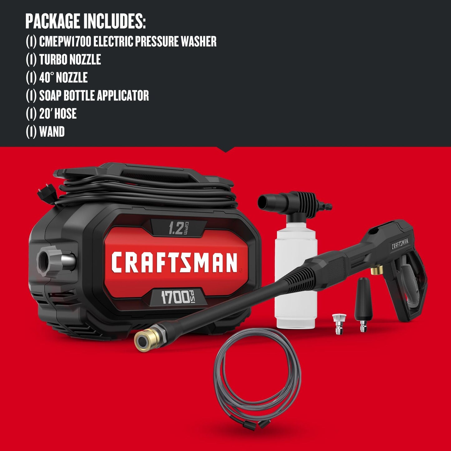 CRAFTSMAN Electric Pressure Washer 1700 PSI 1.2 GPM Compact Power Cleaner