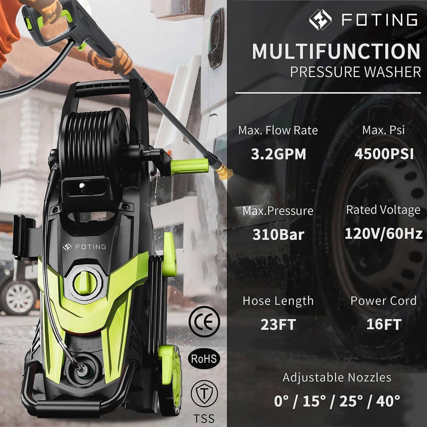 4500 PSI Electric Pressure Washer with 4 Quick-Connect Nozzles