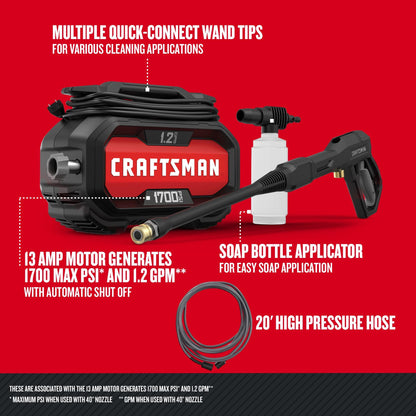 CRAFTSMAN Electric Pressure Washer 1700 PSI 1.2 GPM Compact Power Cleaner