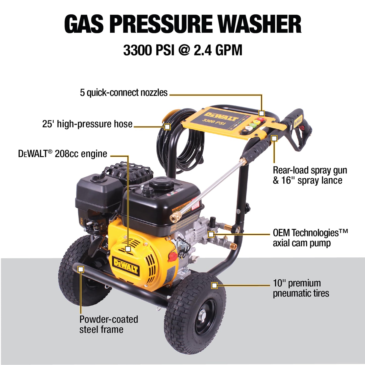 DEWALT 3300 PSI Gas Pressure Washer with 5 Nozzles 25 ft Hose