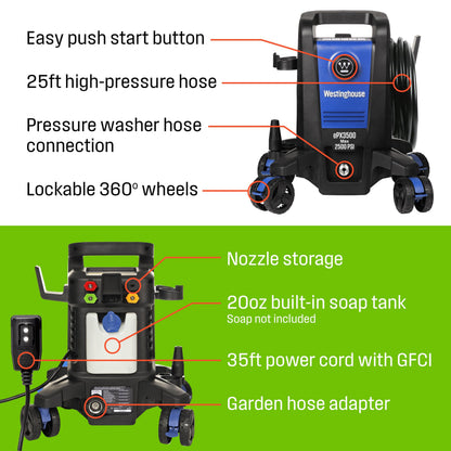 Westinghouse ePX3500 Electric Pressure Washer 2500 PSI 1.76 GPM 5 Nozzles