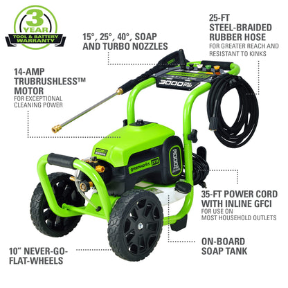 Greenworks Pro 3000 PSI Electric Pressure Washer 2.0 GPM Brushless Motor